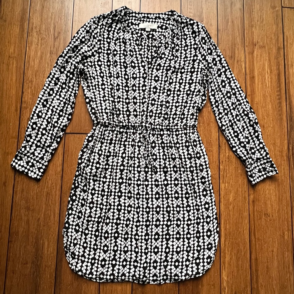 LOFT Black and White Geometric Diamond Drawstring Dress Size MP
